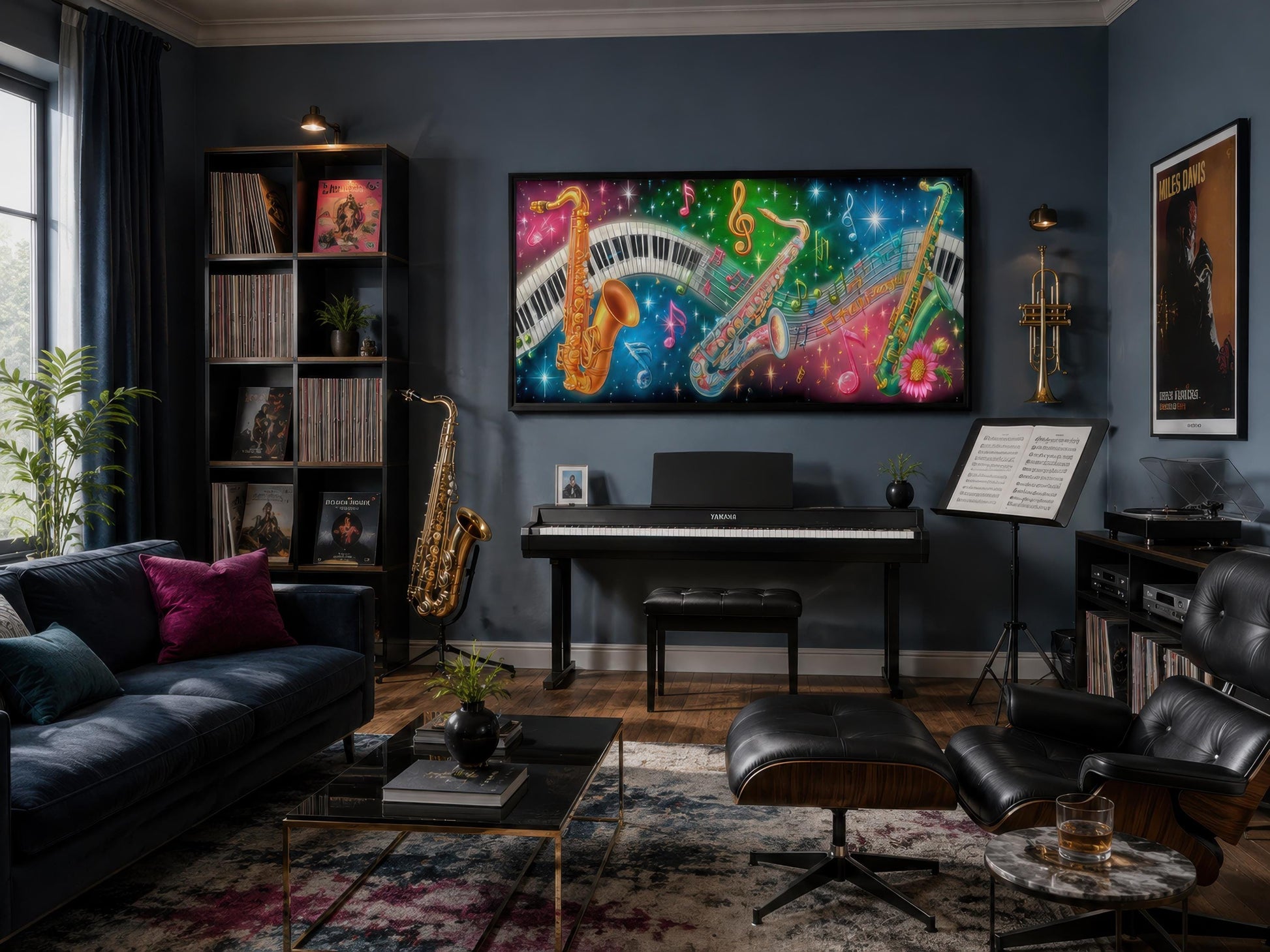 Saxophone Wall Art - Colorful Music Canvas with Neon Jazz Painting & Piano Keys Artwork