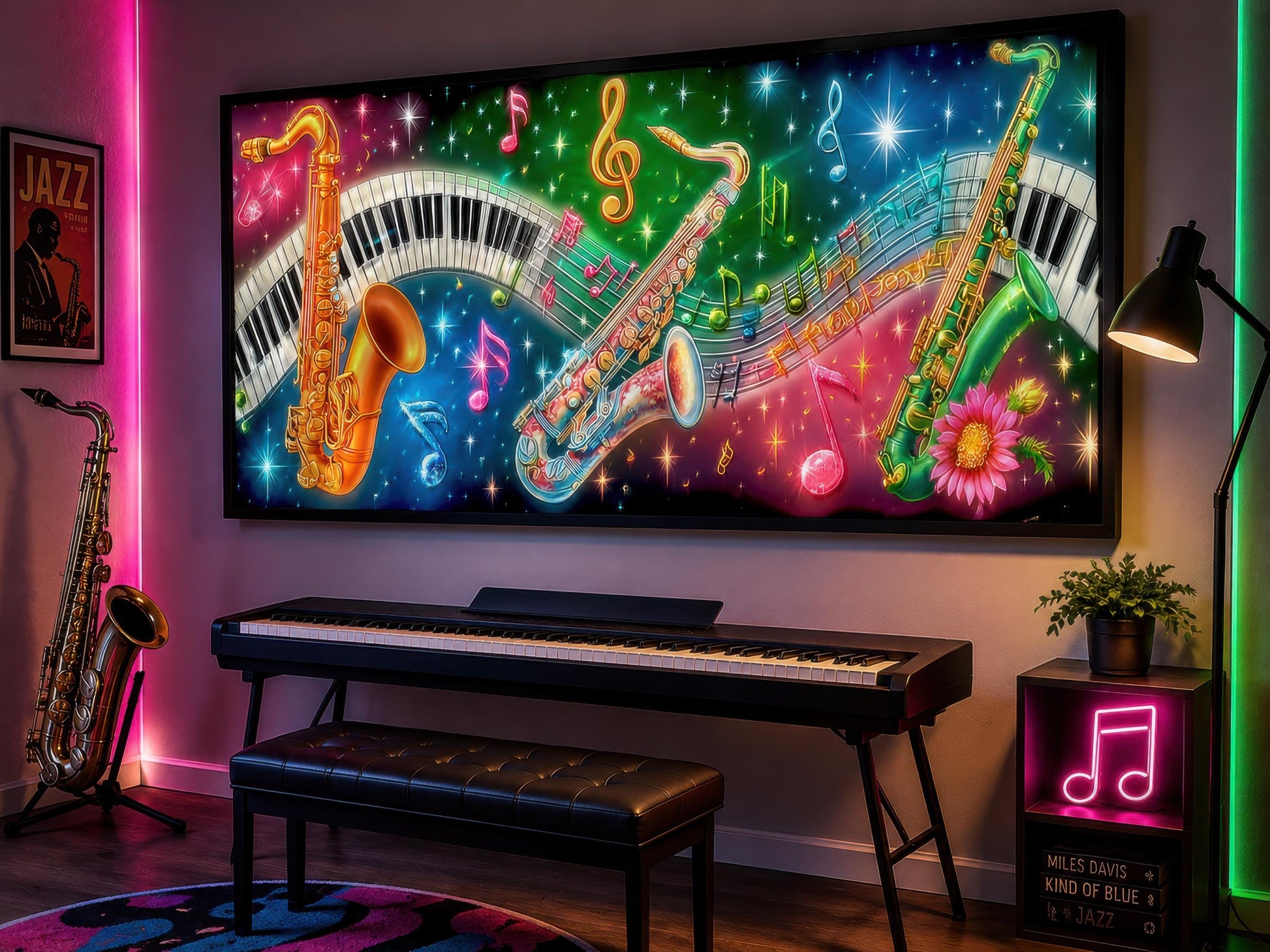 Saxophone Wall Art - Colorful Music Canvas with Neon Jazz Painting & Piano Keys Artwork