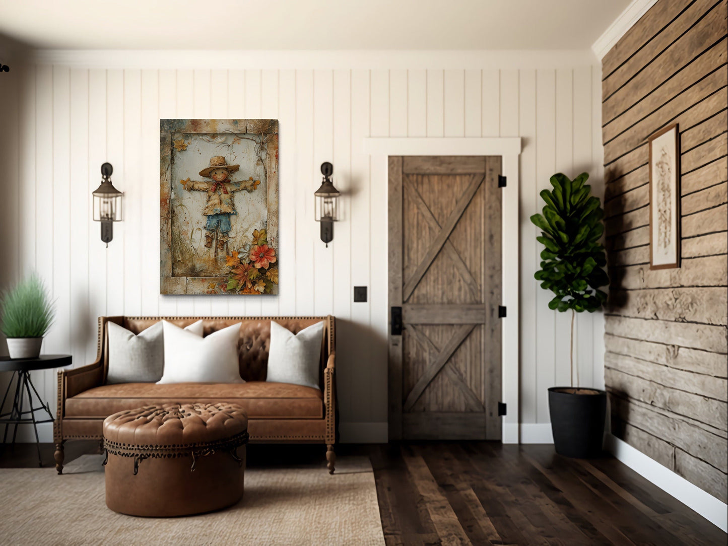 Scarecrow Painting Rustic Farmhouse Framed Canvas Wall Art