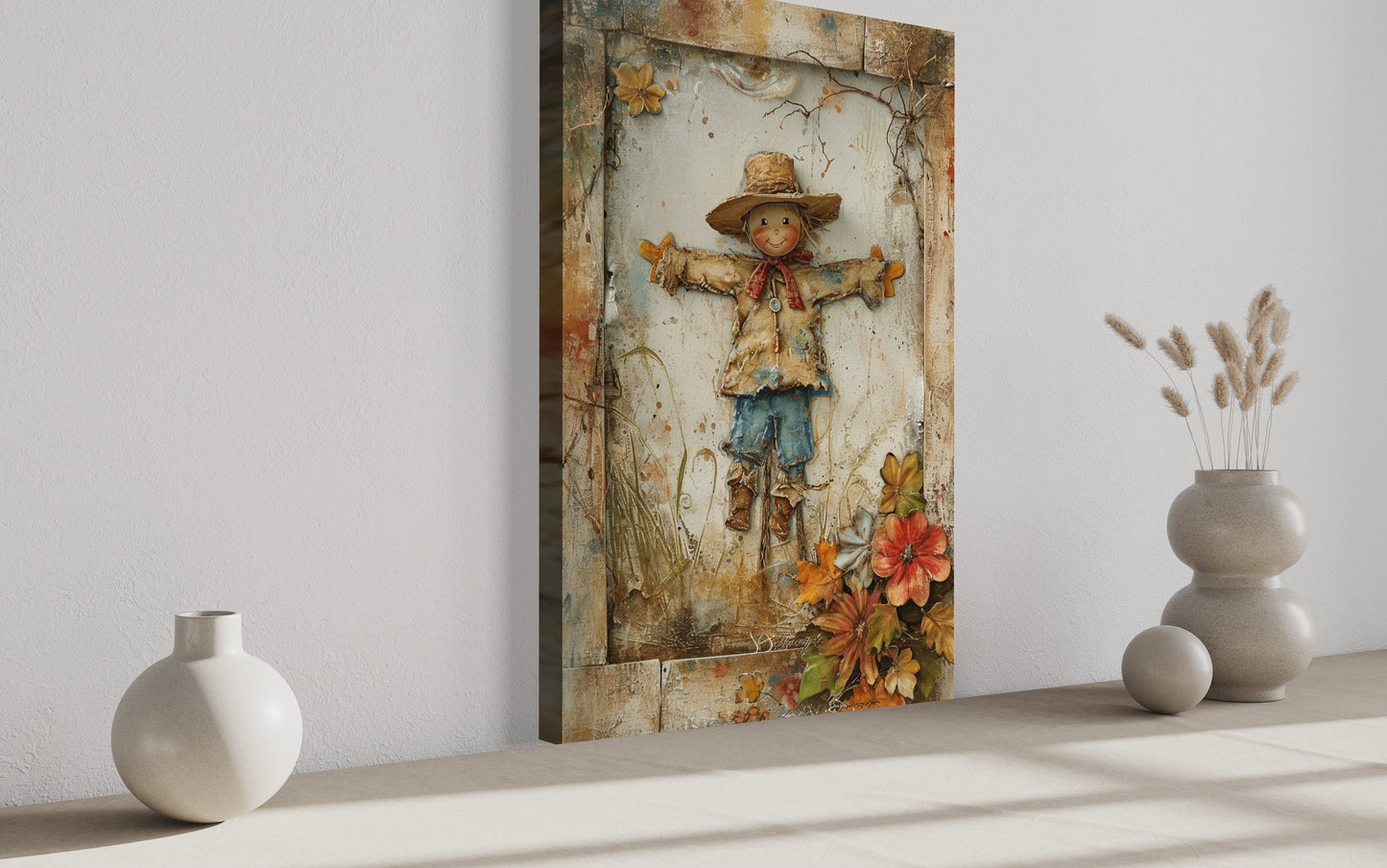 Scarecrow Painting Rustic Farmhouse Framed Canvas Wall Art