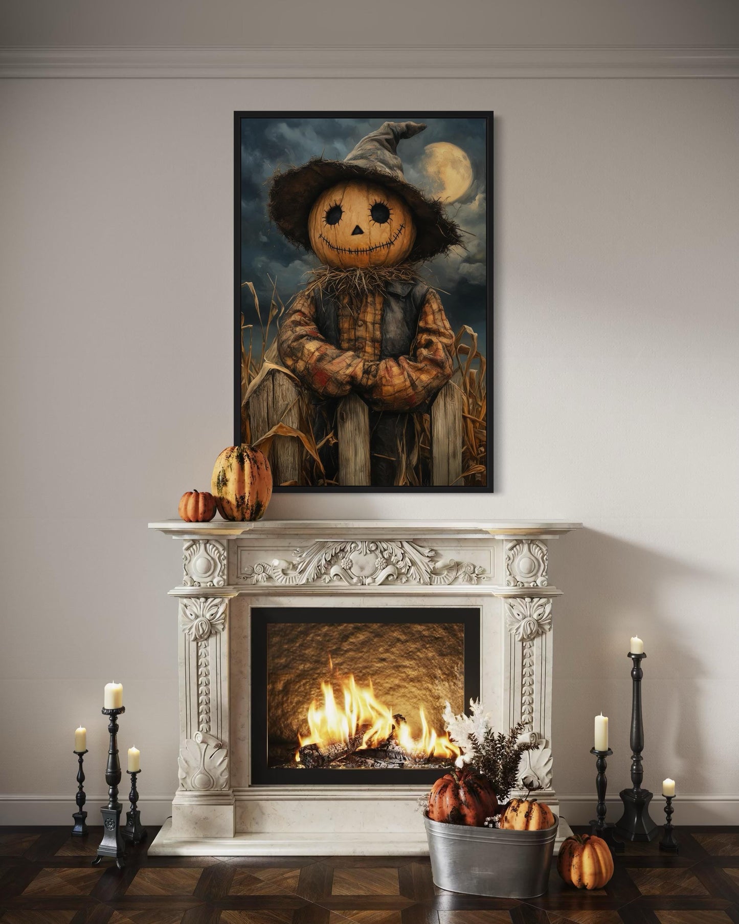 Scarecrow Rustic Pumpkin Head in Cornfield with Full Moon Halloween Wall Art