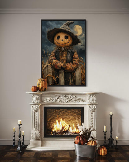 Scarecrow Rustic Pumpkin Head in Cornfield with Full Moon Halloween Wall Art
