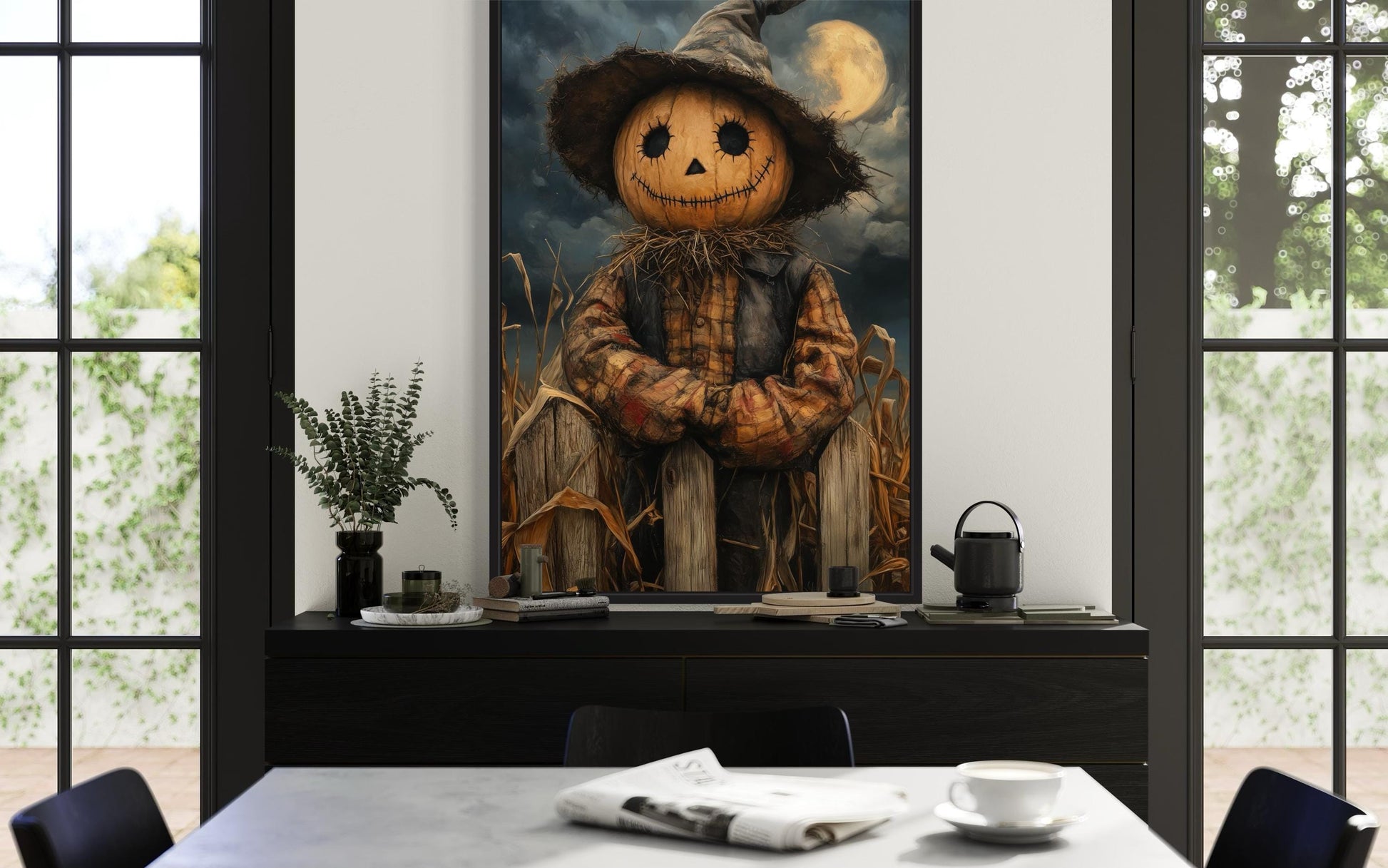 Scarecrow Rustic Pumpkin Head in Cornfield with Full Moon Halloween Wall Art