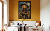 Scarecrow Rustic Pumpkin Head in Cornfield with Full Moon Halloween Wall Art