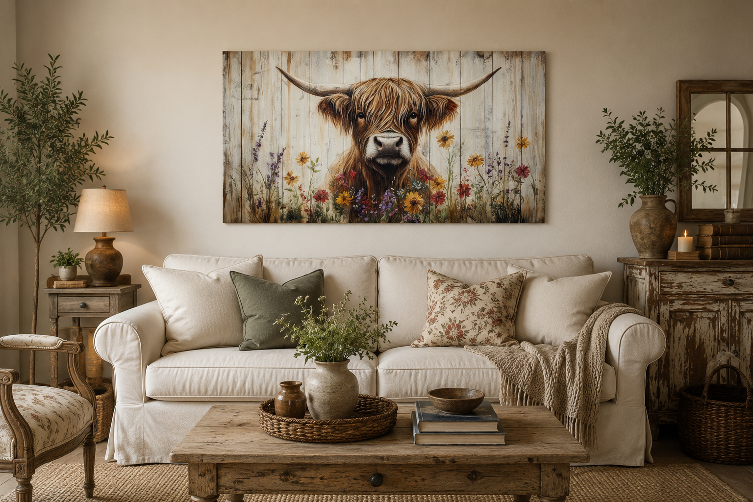 Highland Cow Wall Art – Rustic Farmhouse Decor Floral Canvas Print for Living Room