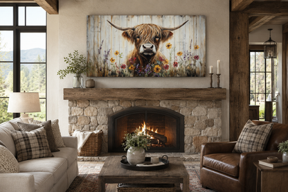 Highland Cow Wall Art – Rustic Farmhouse Decor Floral Canvas Print for Living Room