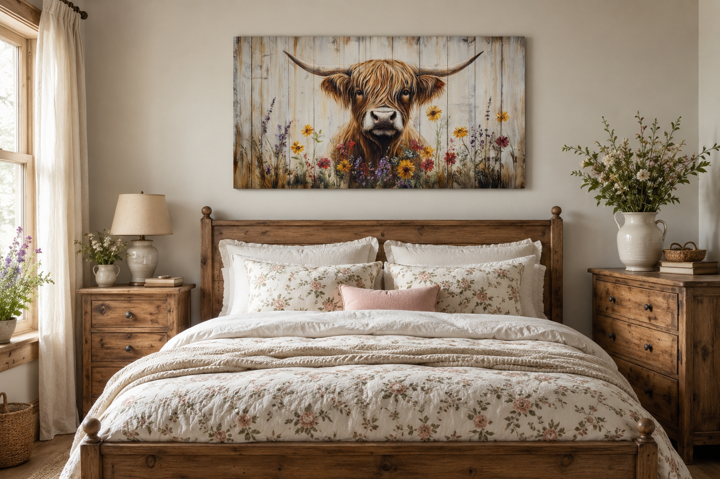 Highland Cow Wall Art – Rustic Farmhouse Decor Floral Canvas Print for Living Room