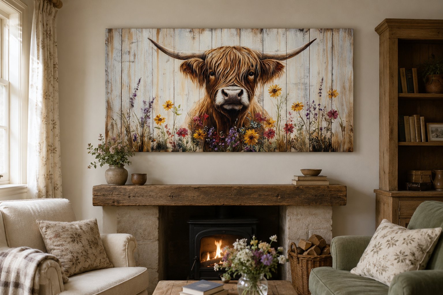 Highland Cow Wall Art – Rustic Farmhouse Decor Floral Canvas Print for Living Room