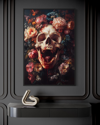 Screaming Skull With Flowers Gothic Canvas Wall Art