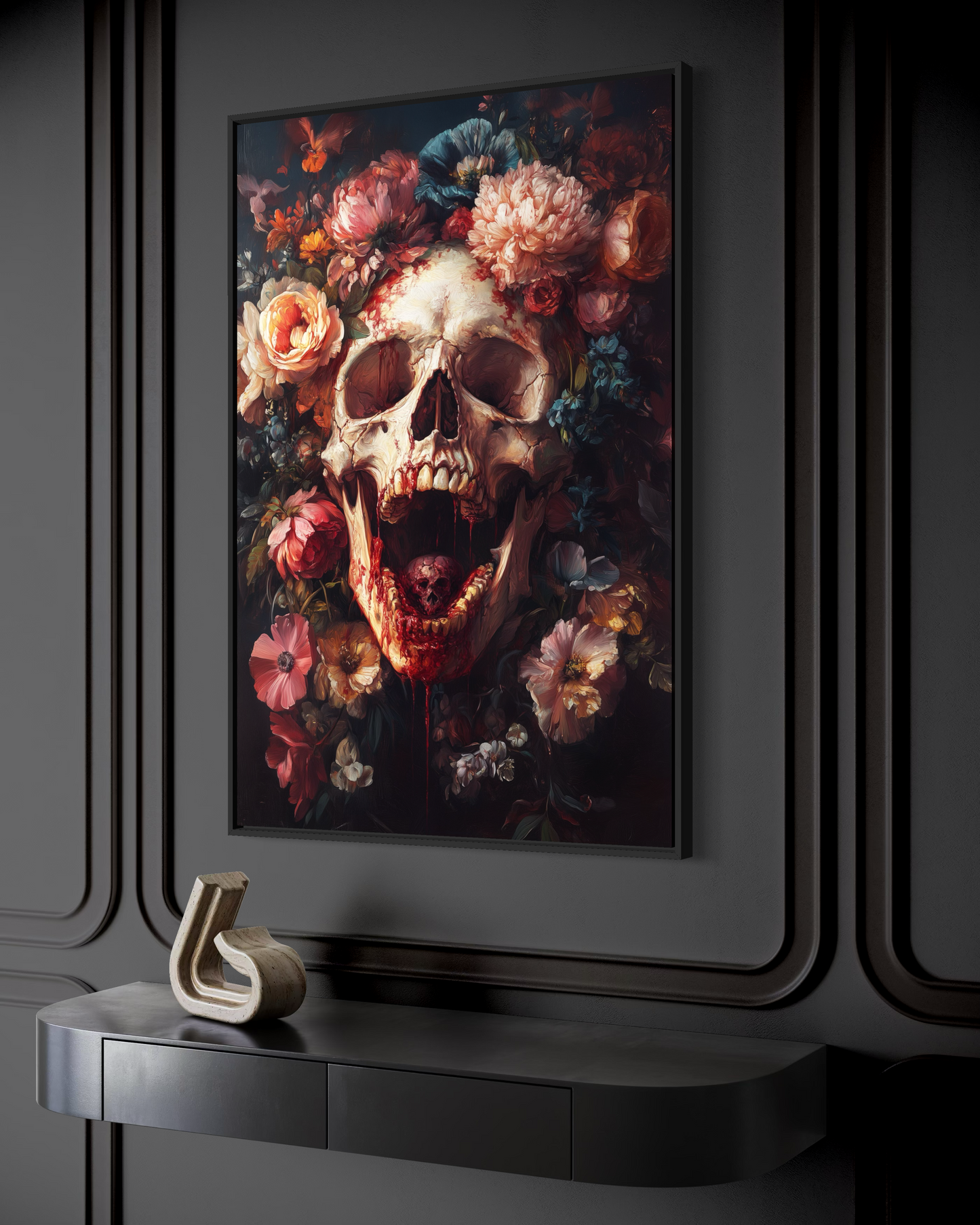 Screaming Skull With Flowers Gothic Canvas Wall Art