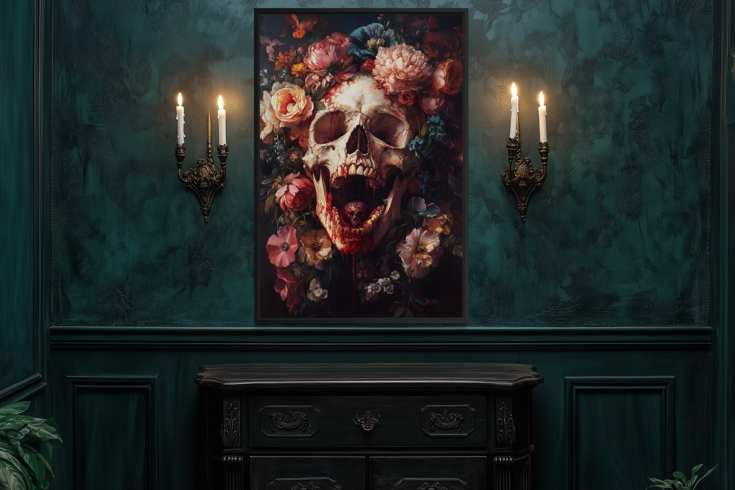 Screaming Skull With Flowers Gothic Canvas Wall Art