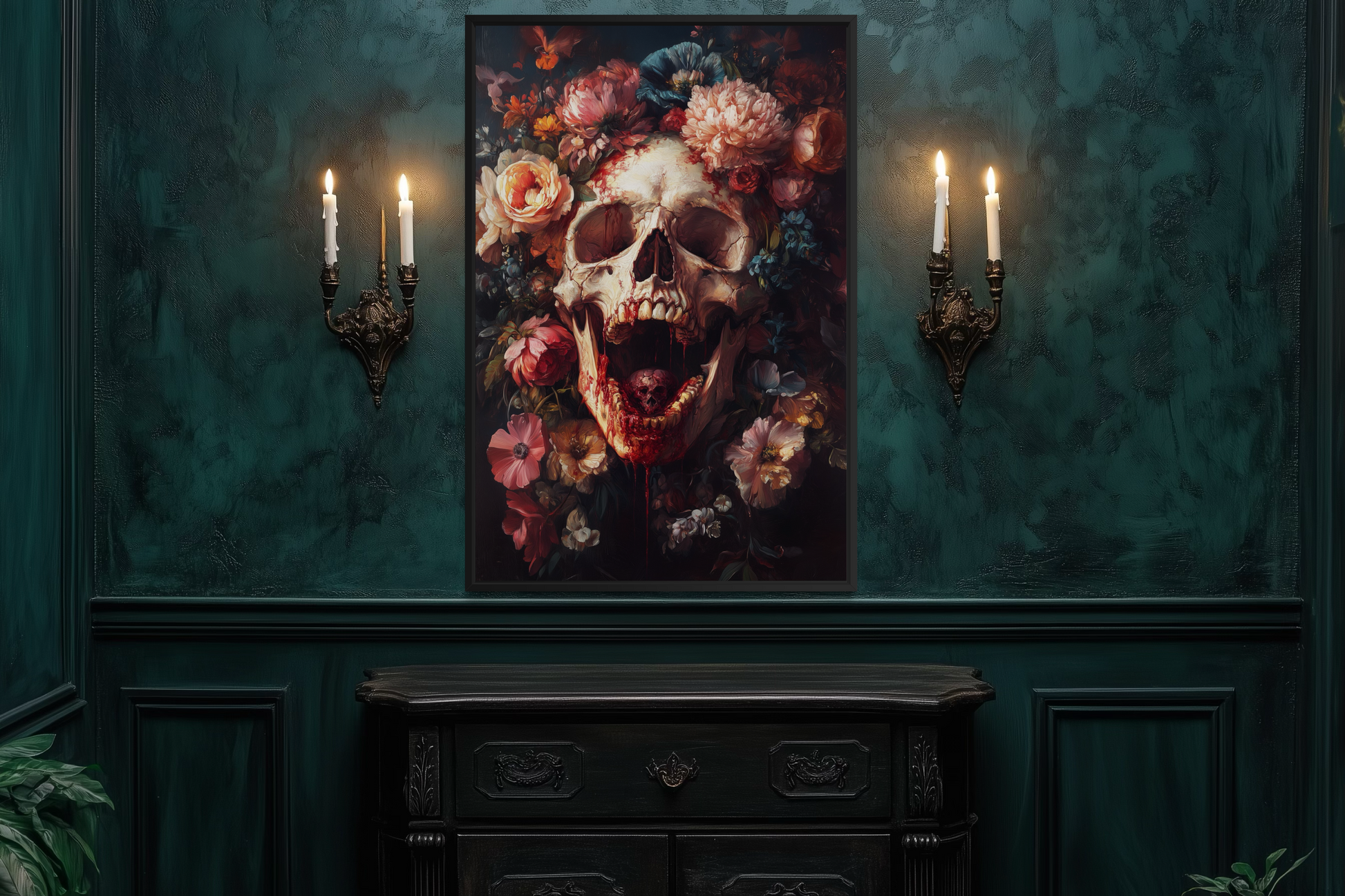 Screaming Skull With Flowers Gothic Canvas Wall Art