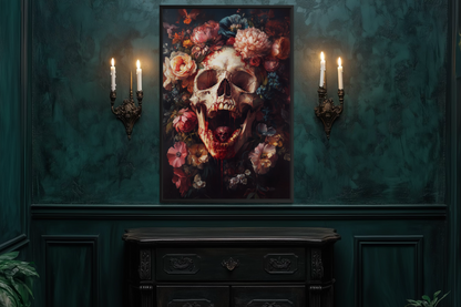 Screaming Skull With Flowers Gothic Canvas Wall Art