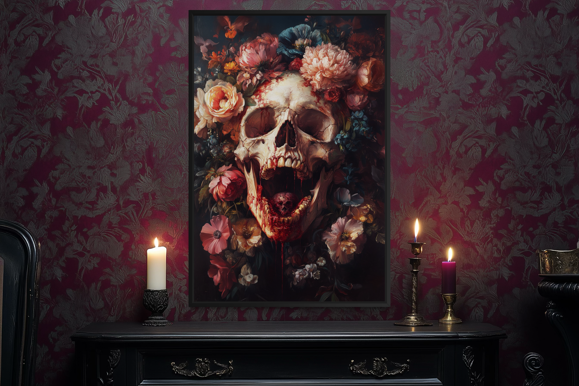 Screaming Skull With Flowers Gothic Canvas Wall Art