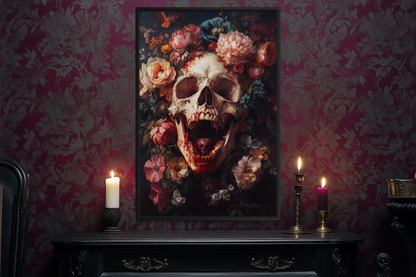 Screaming Skull With Flowers Gothic Canvas Wall Art