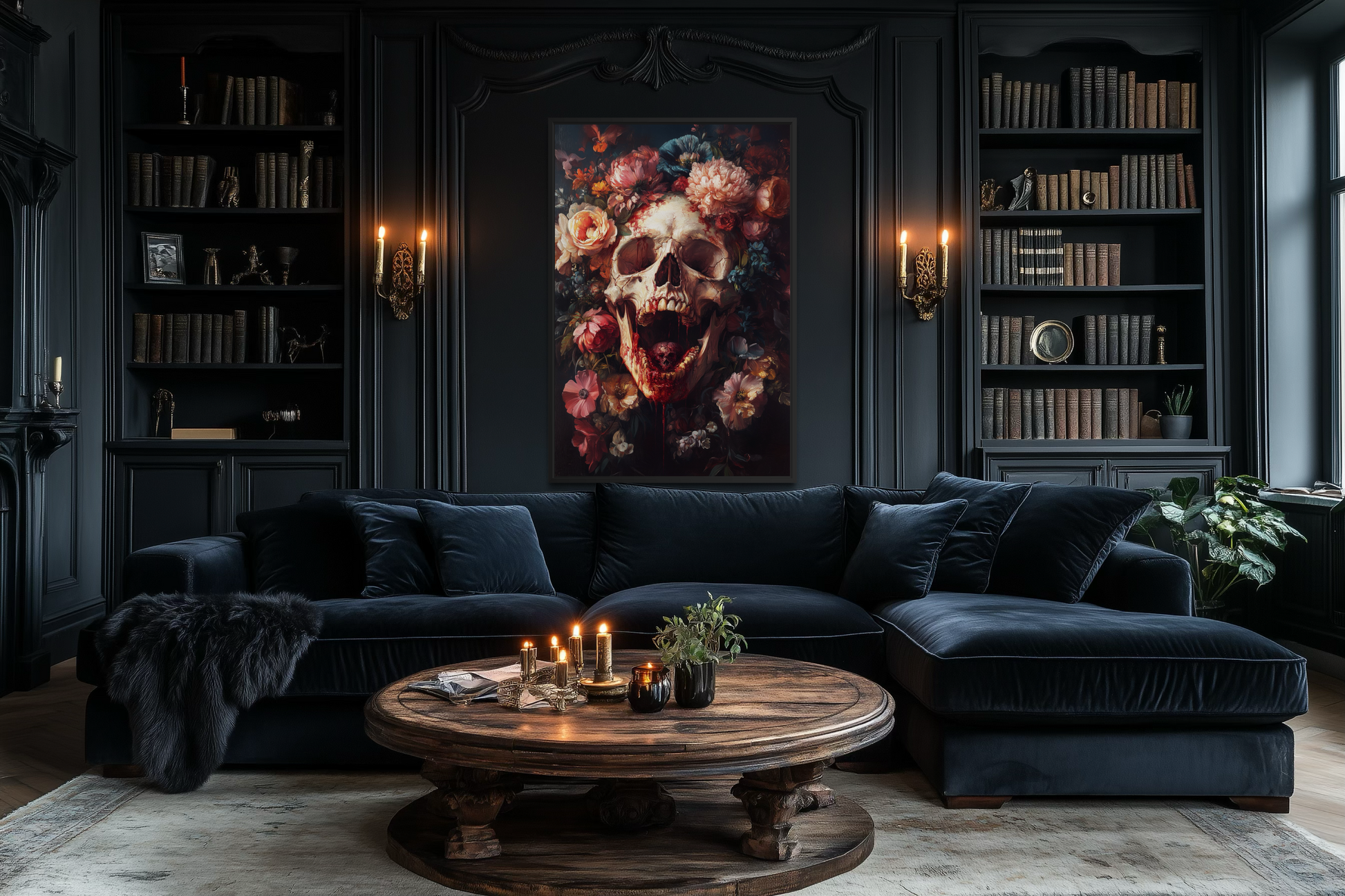 Screaming Skull With Flowers Gothic Canvas Wall Art