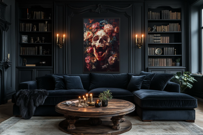 Screaming Skull With Flowers Gothic Canvas Wall Art