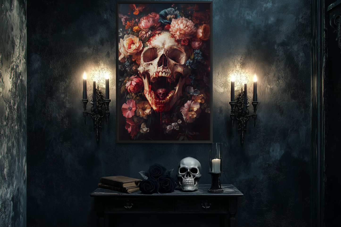 Screaming Skull With Flowers Gothic Canvas Wall Art