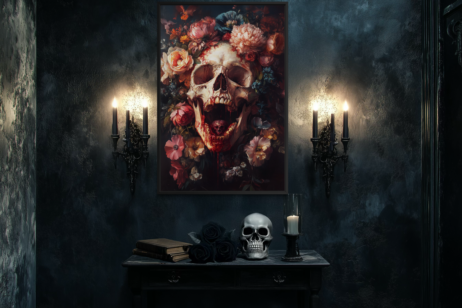 Screaming Skull With Flowers Gothic Canvas Wall Art