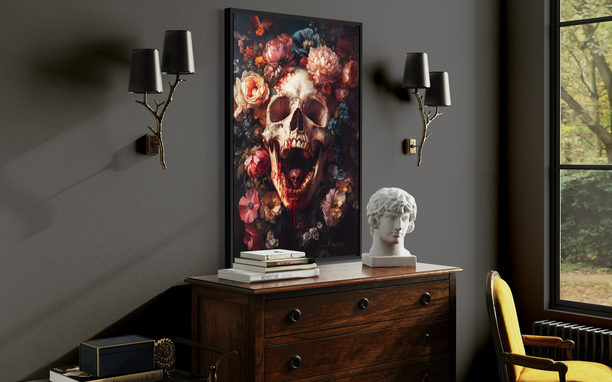 Screaming Skull With Flowers Gothic Canvas Wall Art