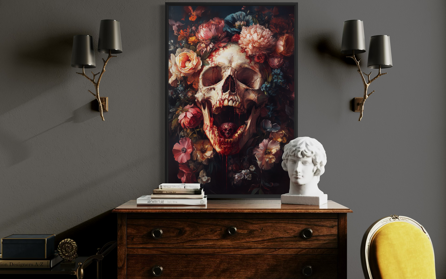Screaming Skull With Flowers Gothic Canvas Wall Art