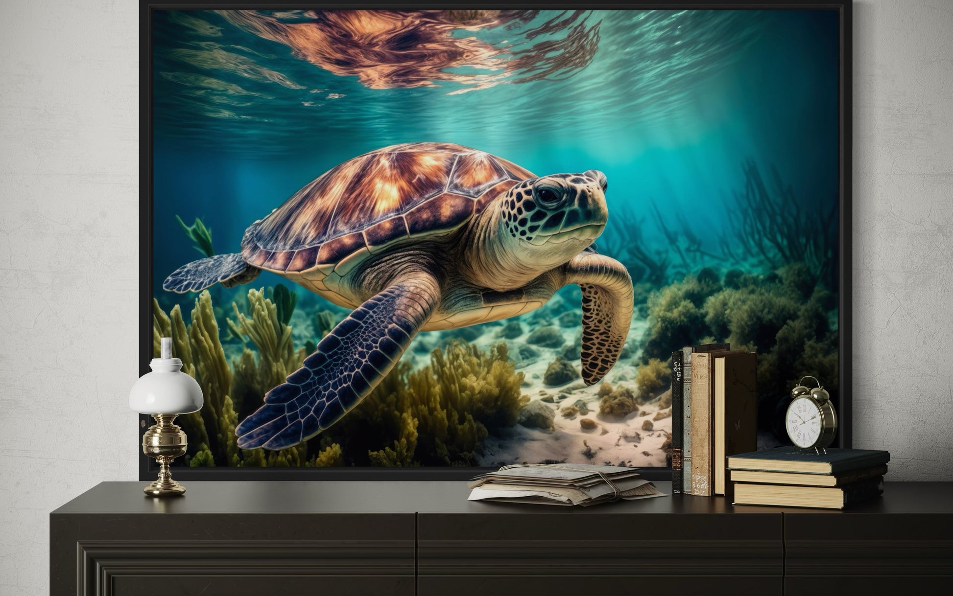 Sea Turtle In Coral Reef Underwater Canvas Wall Art