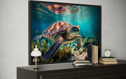 Sea Turtle In Coral Reef Underwater Canvas Wall Art