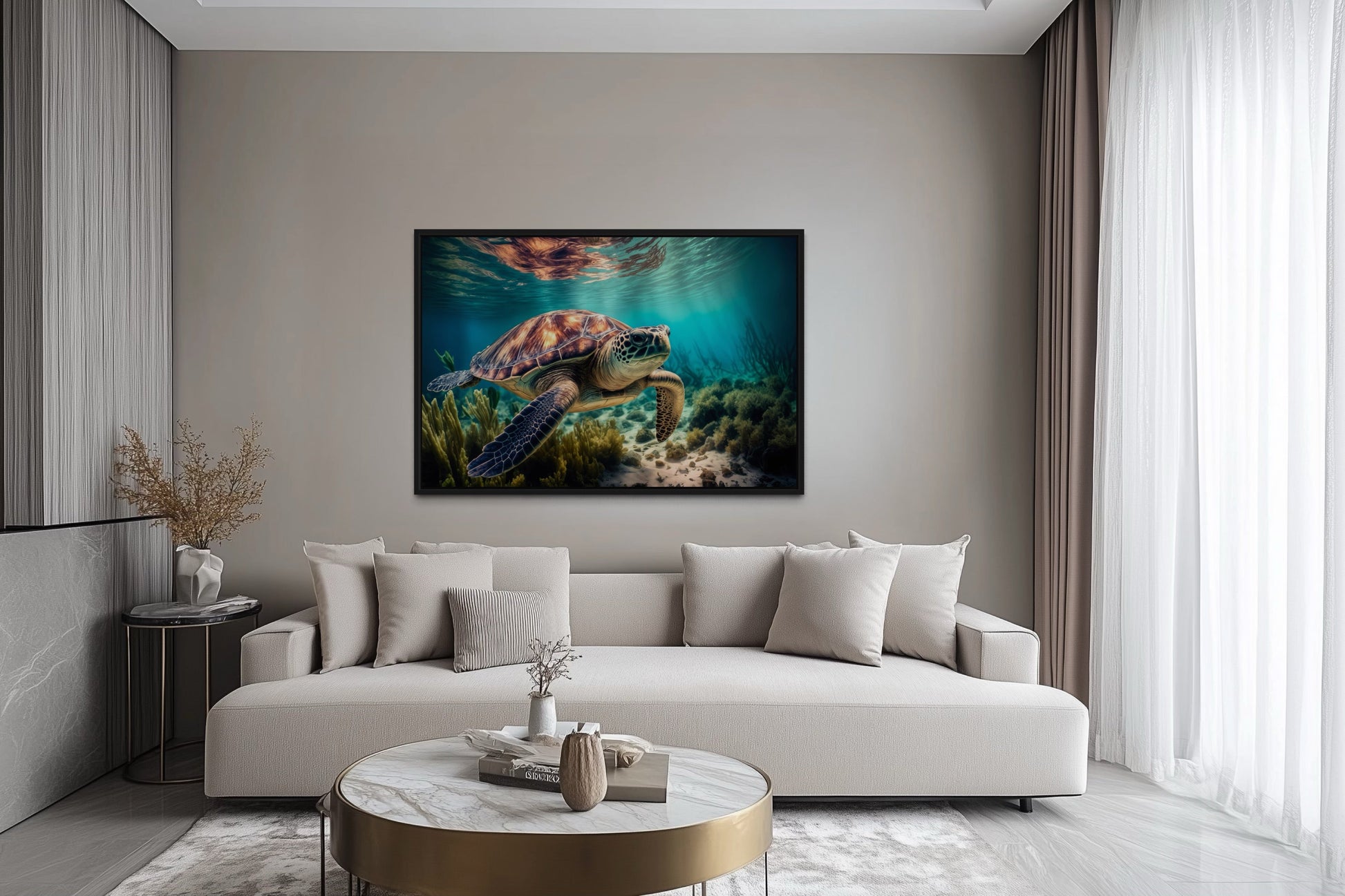 Sea Turtle In Coral Reef Underwater Canvas Wall Art