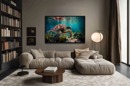 Sea Turtle In Coral Reef Underwater Canvas Wall Art