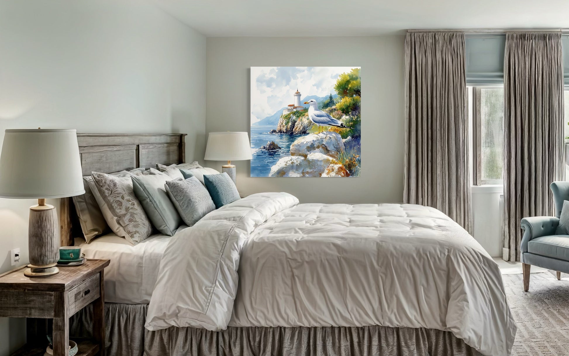 Seagull And Lighthouse Coastal Framed Canvas Wall Art