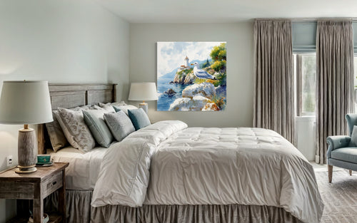 Seagull And Lighthouse Coastal Framed Canvas Wall Art