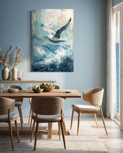 Seagull Over Ocean Wave Coastal Framed Canvas Wall Art