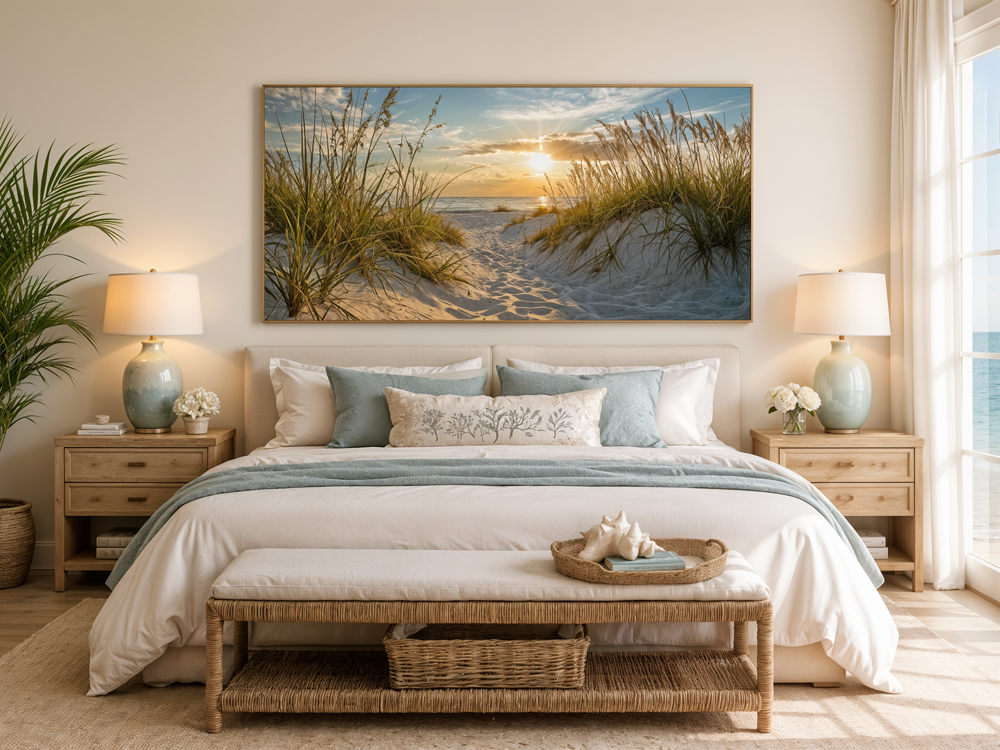 Beach Sunset Wall Art – Framed Sand Dunes Canvas | Coastal Wall Decor for Beach House