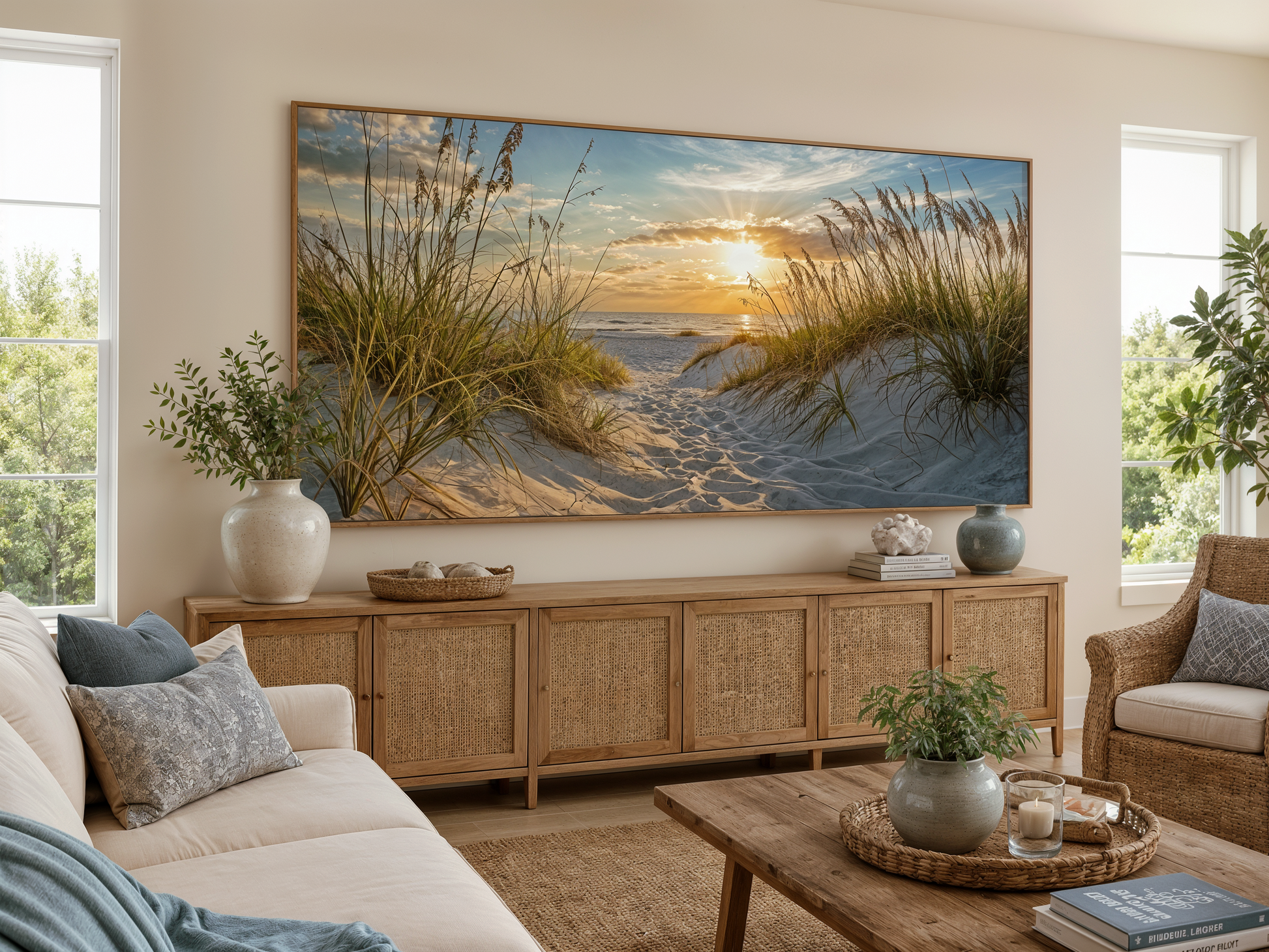 Beach Sunset Wall Art – Framed Sand Dunes Canvas | Coastal Wall Decor for Beach House