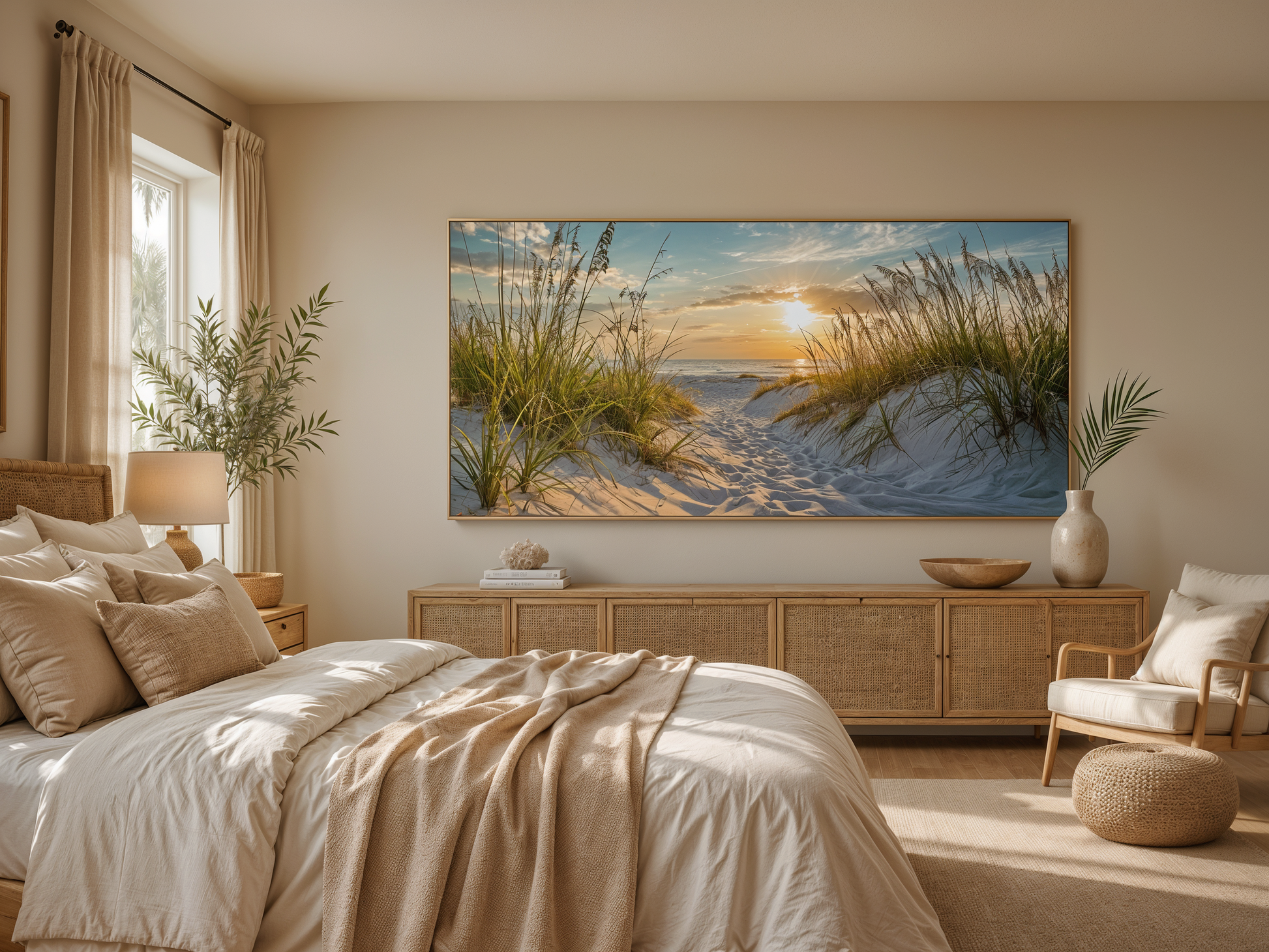 Beach Sunset Wall Art – Framed Sand Dunes Canvas | Coastal Wall Decor for Beach House