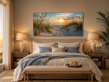 Beach Sunset Wall Art – Framed Sand Dunes Canvas | Coastal Wall Decor for Beach House