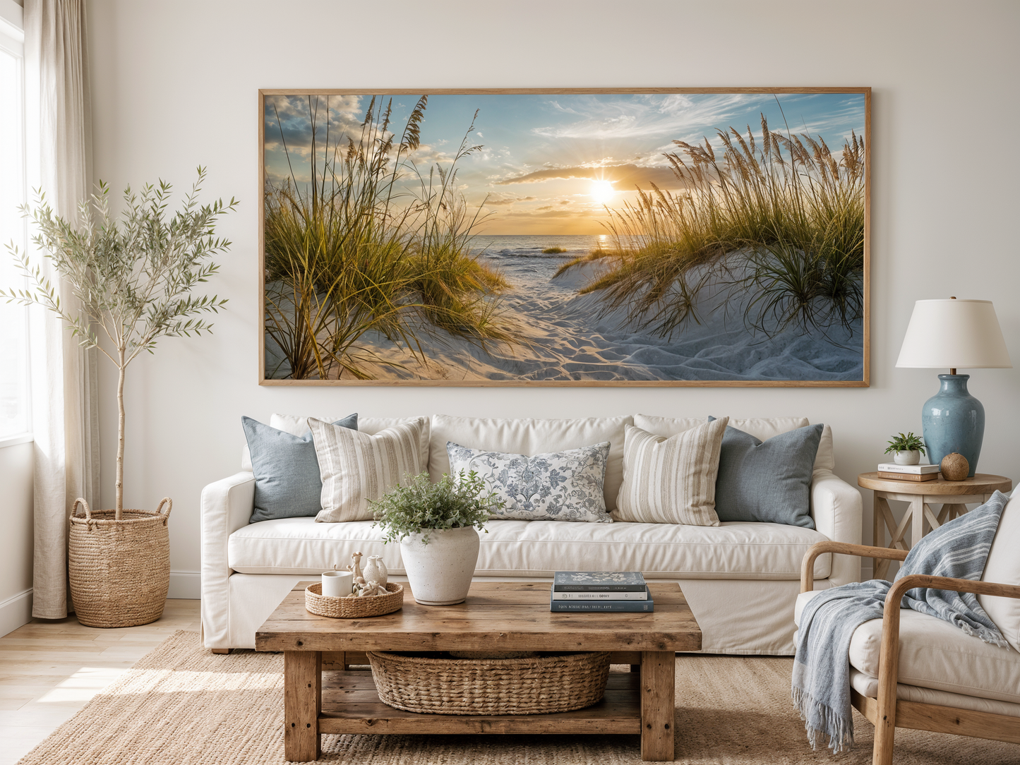 Beach Sunset Wall Art – Framed Sand Dunes Canvas | Coastal Wall Decor for Beach House