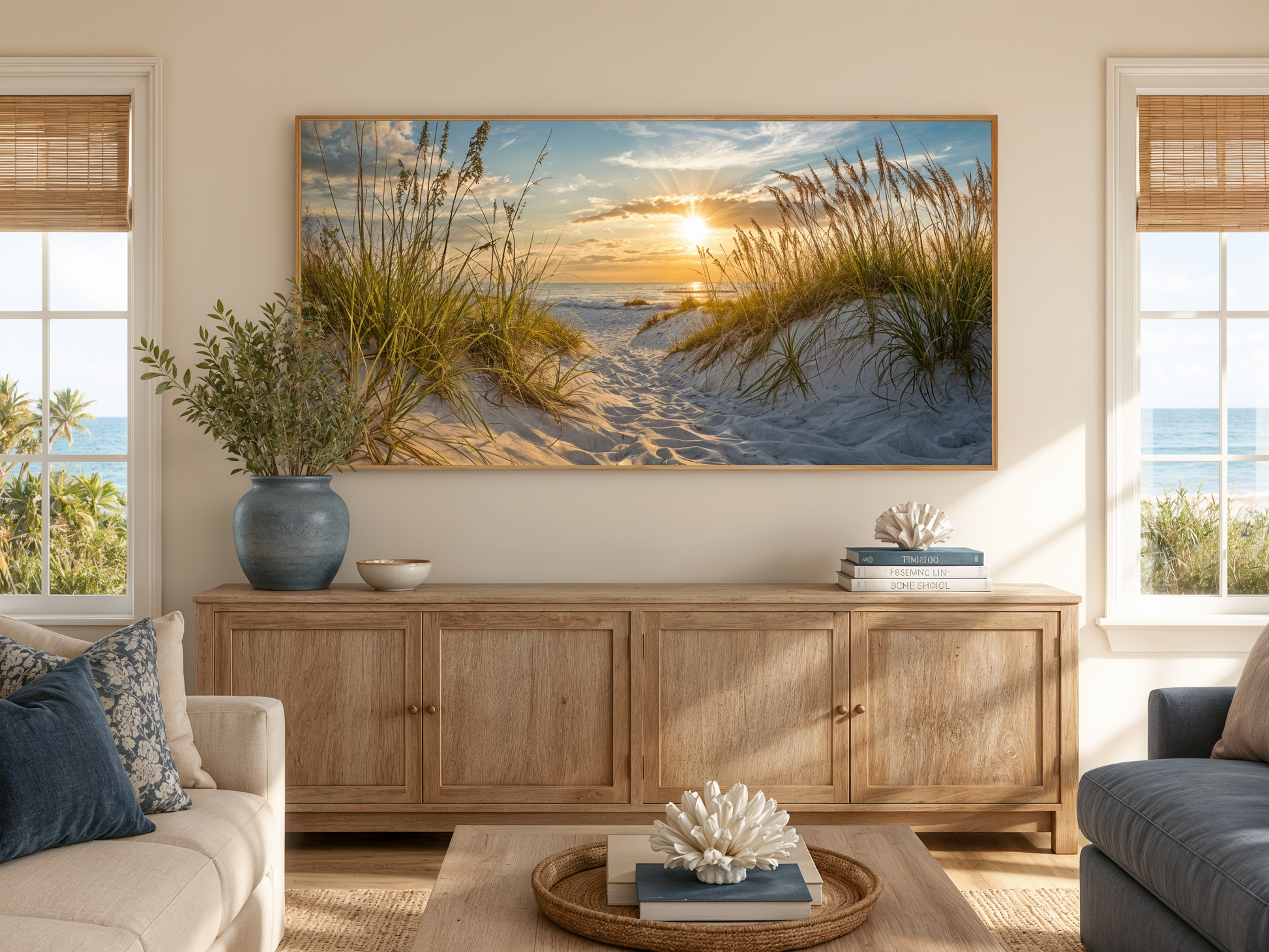 Beach Sunset Wall Art – Framed Sand Dunes Canvas | Coastal Wall Decor for Beach House