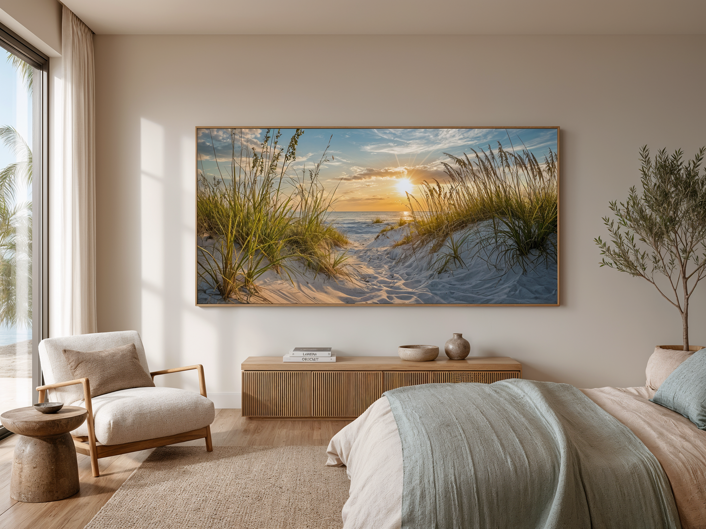 Beach Sunset Wall Art – Framed Sand Dunes Canvas | Coastal Wall Decor for Beach House