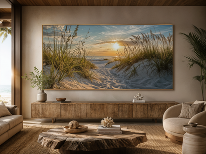Beach Sunset Wall Art – Framed Sand Dunes Canvas | Coastal Wall Decor for Beach House