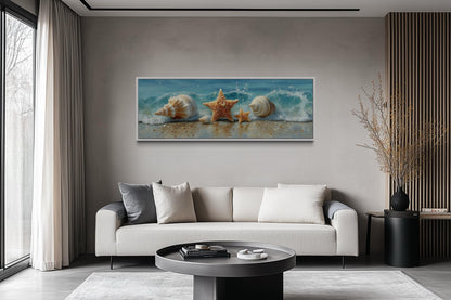 Seashell And Starfish Beach Scene Framed Canvas Wall Art