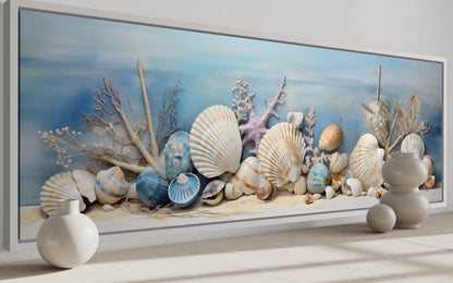 Coastal Wall Art Seashells In Sand Panoramic Canvas For Above Bed Wall Decor