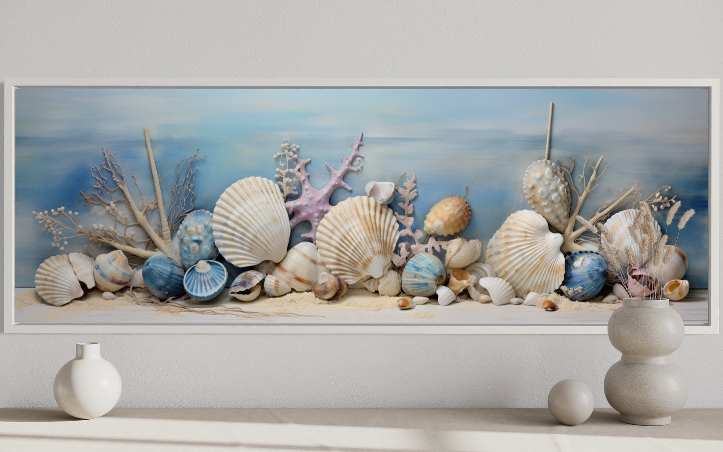 Coastal Wall Art Seashells In Sand Panoramic Canvas For Above Bed Wall Decor