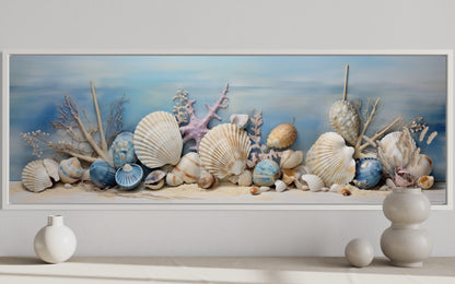 Coastal Wall Art Seashells In Sand Panoramic Canvas For Above Bed Wall Decor