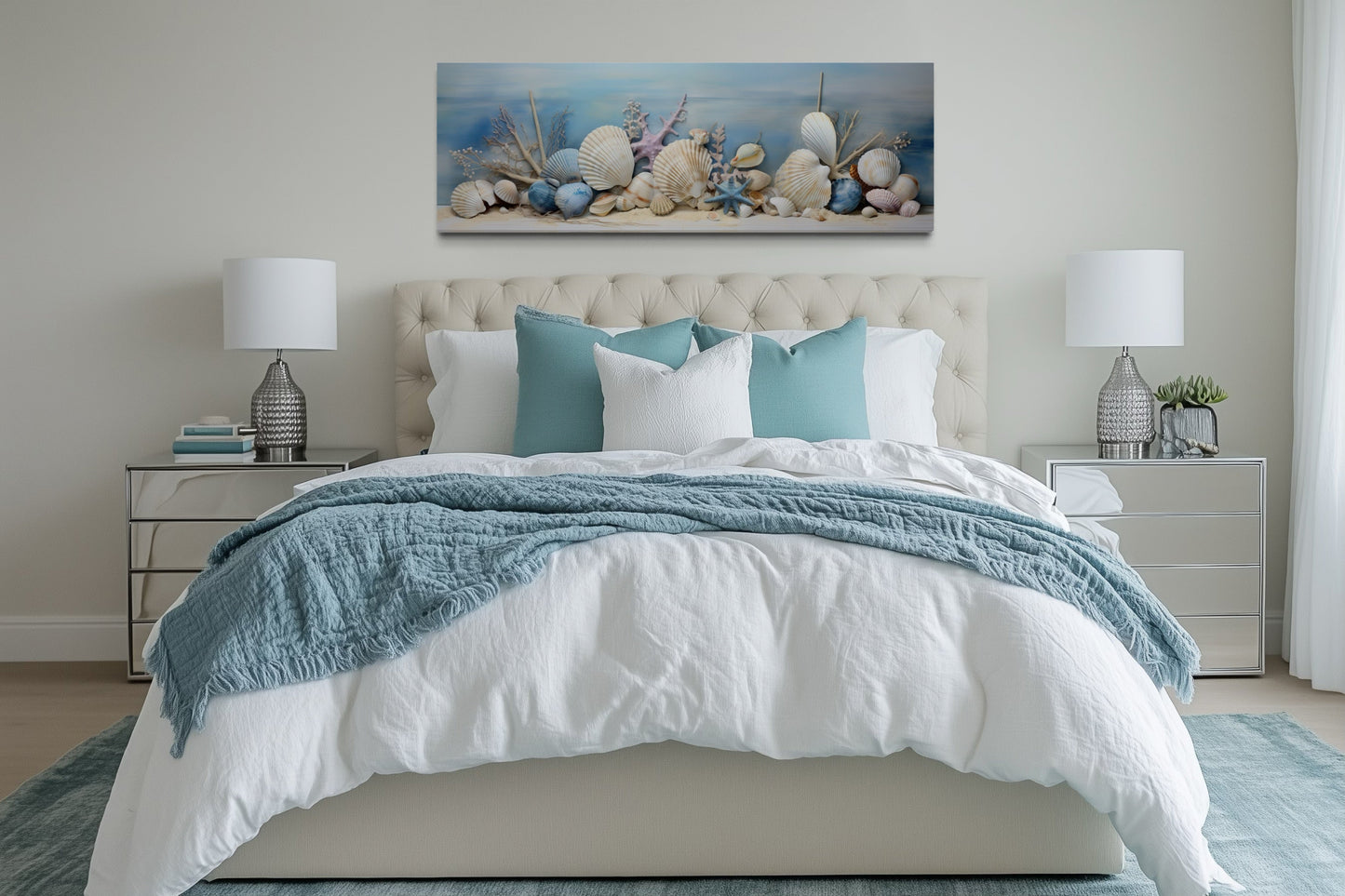 Coastal Wall Art Seashells In Sand Panoramic Canvas For Above Bed Wall Decor