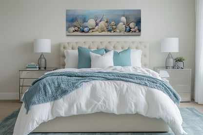 Coastal Wall Art Seashells In Sand Panoramic Canvas For Above Bed Wall Decor