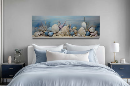 Coastal Wall Art Seashells In Sand Panoramic Canvas For Above Bed Wall Decor