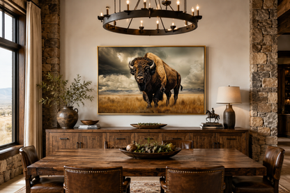 Buffalo In The Wild Framed Canvas Wall Art For Mountain Cabin Decor