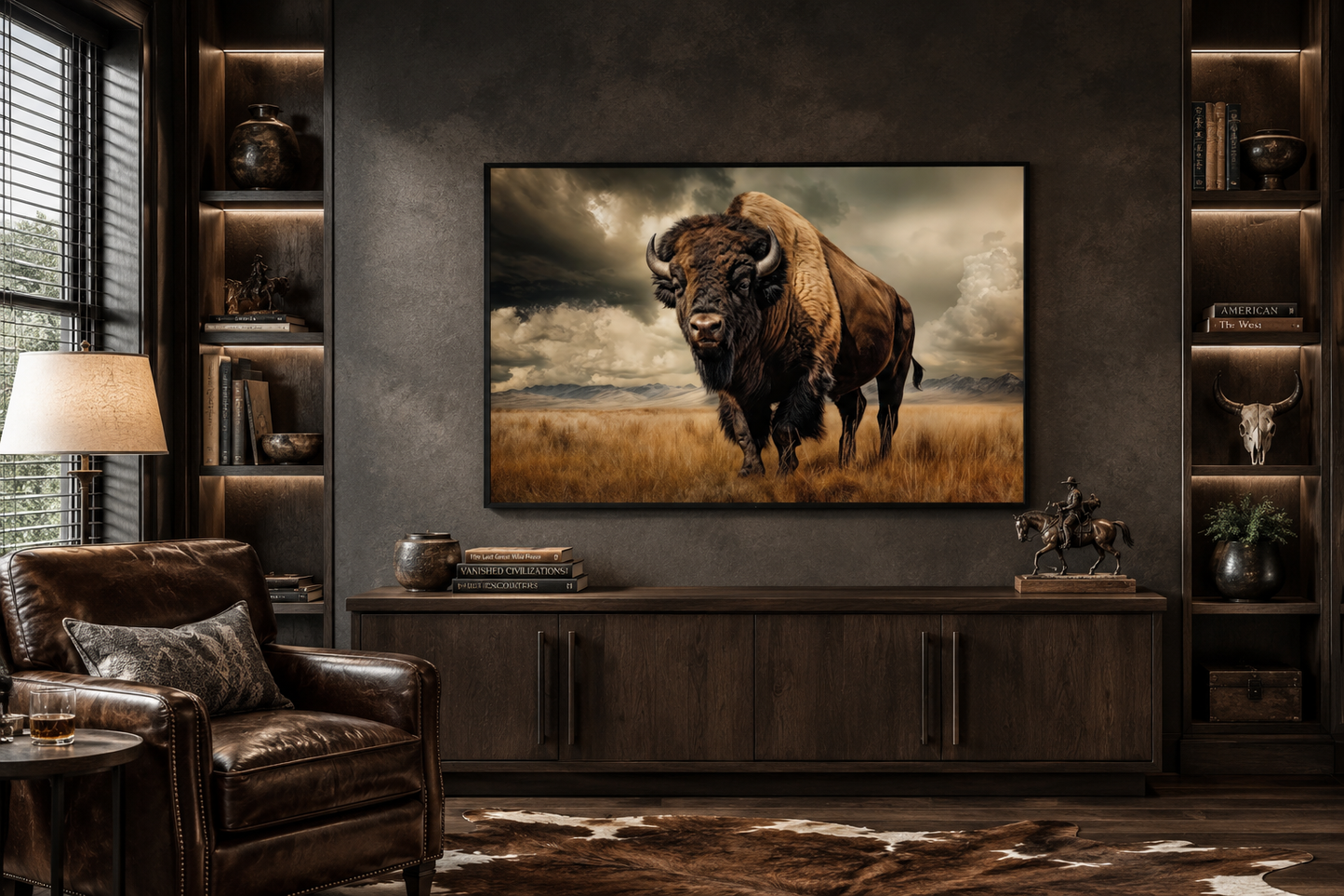 Buffalo In The Wild Framed Canvas Wall Art For Mountain Cabin Decor