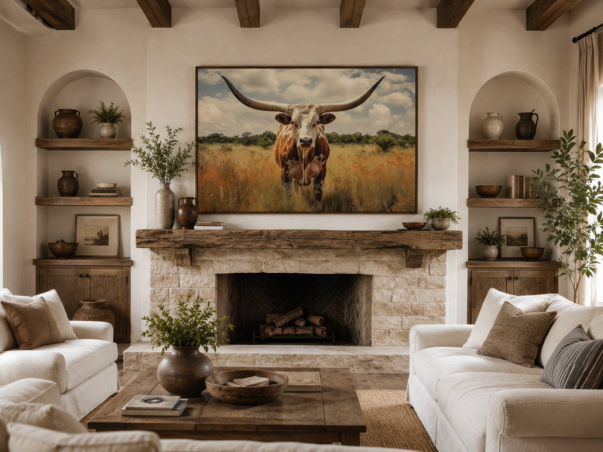 Texas Longhorn Cow In The Field Muted Colors Framed Canvas Wall Art